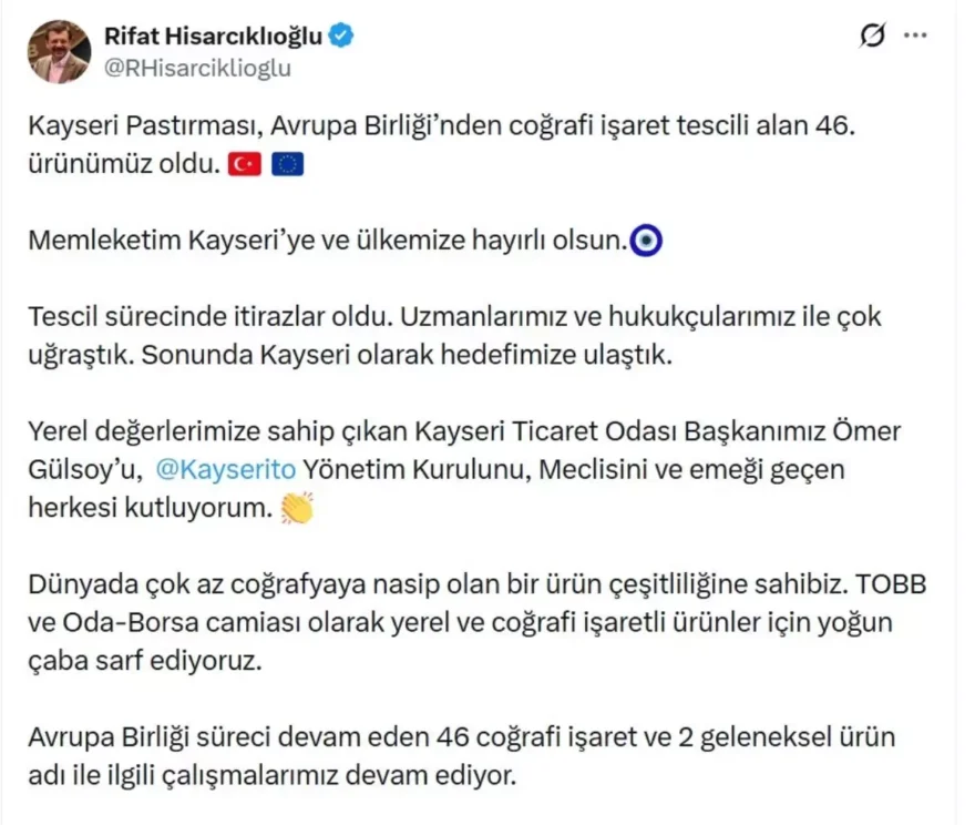 Kayseri Pastırması Avrupa Birliği’nden Coğrafi İşaret Tescili Aldı